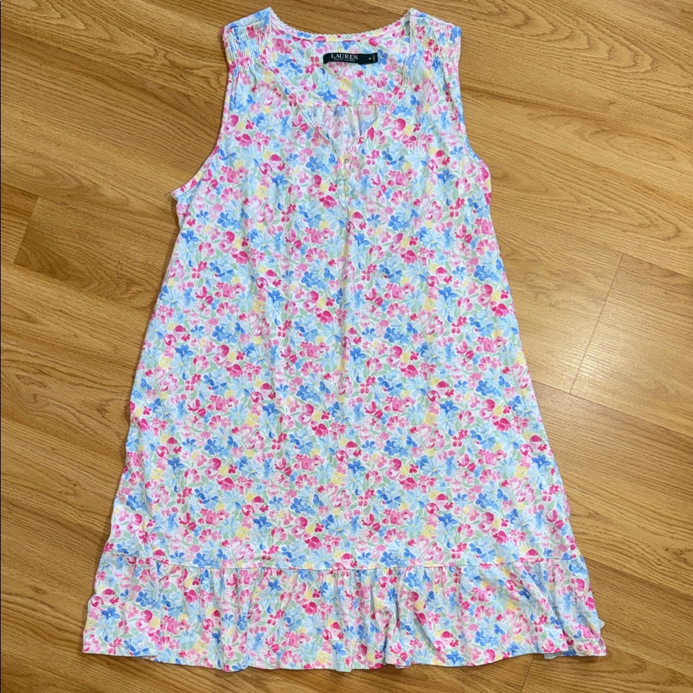 Ralph Lauren Floral Sleeveless Ruffle Hem Nightgown Sleepwear Pink Blue Medium